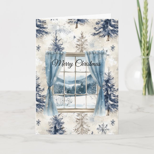 Blue Trees Snowflakes Christmas Window Card (Front)