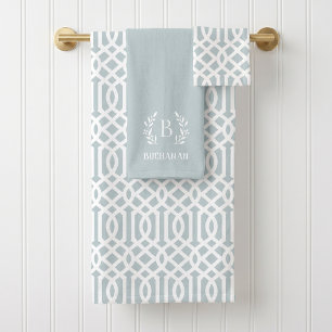 Blue Trellis and Branch Monogram   Farmhouse Bath Towel Set