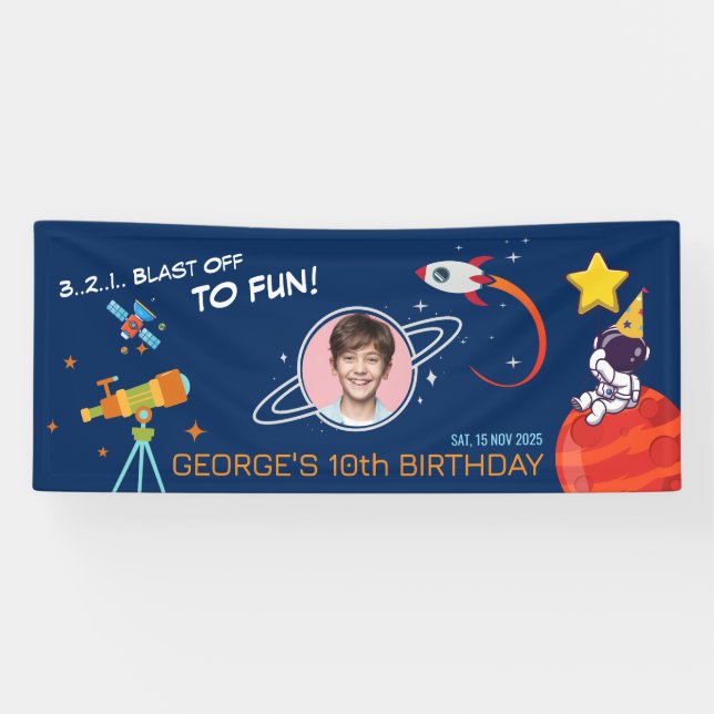 Blue Trendy Cosmic Rocket Planet Kids Birthday Banner (Horizontal)