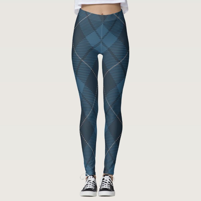 Blue Trendy Diagonal Tartan Plaid Leggings (Front)