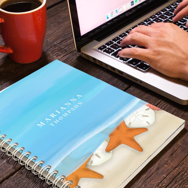 Blue Trendy Ocean Watercolor Personalised Notebook (watercolor blue water with seashells and sand. )