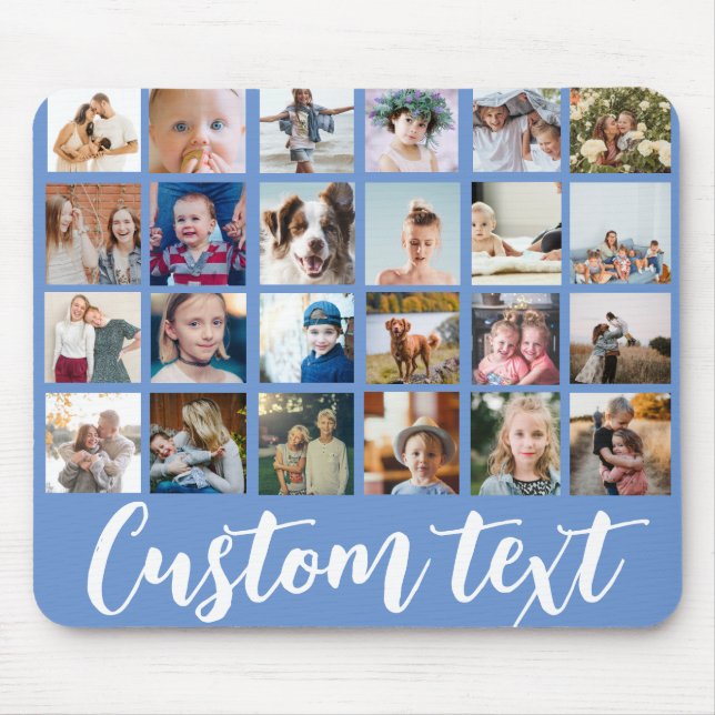 Blue trendy photo collage text script family  mouse pad (Front)