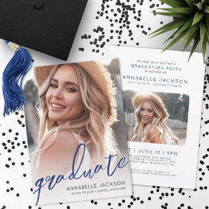 Blue Trendy Script Graduate Photo Graduation Invitation