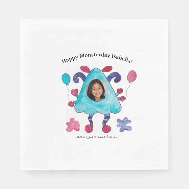 Blue Triangle Monster Birthday Party Paper Napkin (Front)