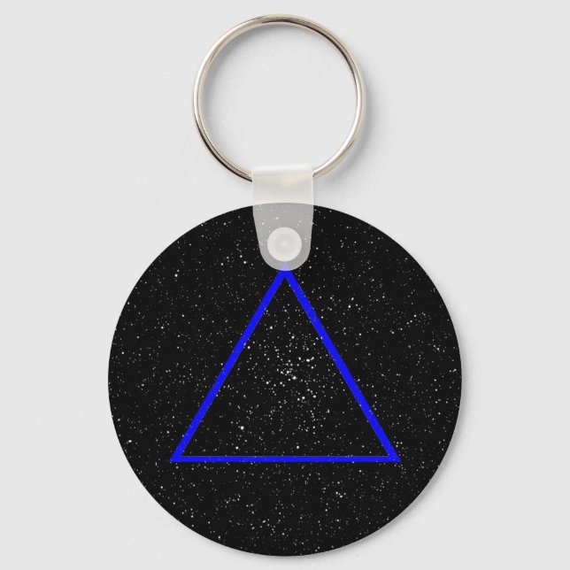 Blue triangle outline on black star background key ring (Front)
