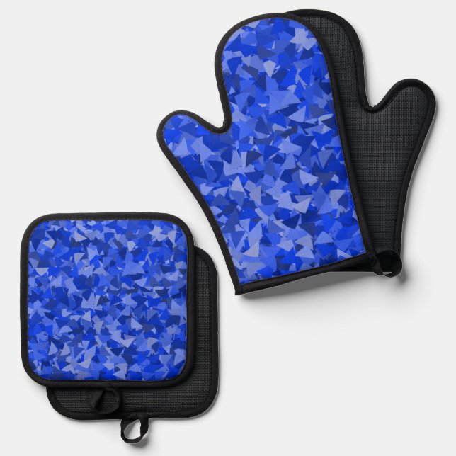 Blue Triangle Pattern Oven Mitt & Pot Holder Set (Front/Back)