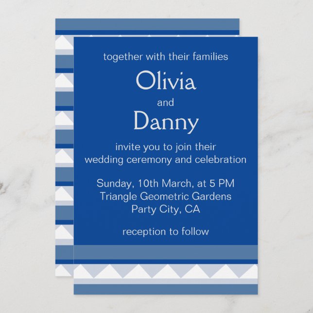 Blue Triangle Stripes Nautical Wedding Invitation (Front/Back)