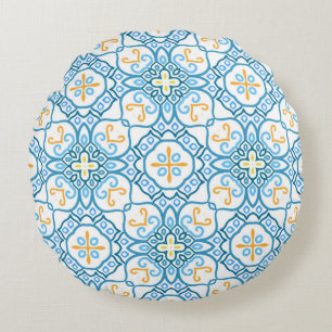 Blue tribal ethnic seamless pattern round cushion