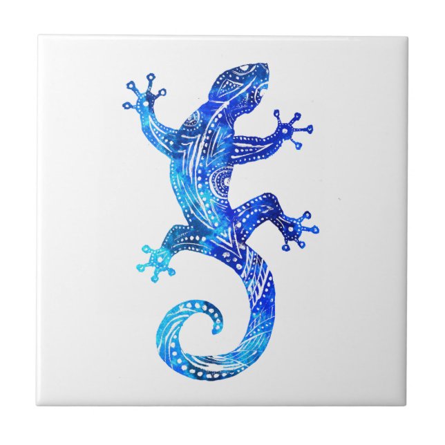 Blue Tribal Gecko Ceramic Tile (Front)