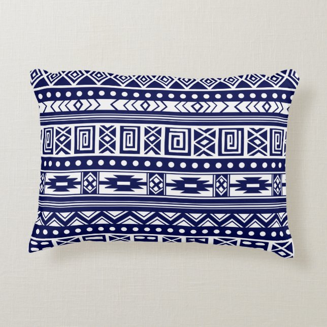 Blue Tribal Geometric Pattern Decorative Cushion (Back)