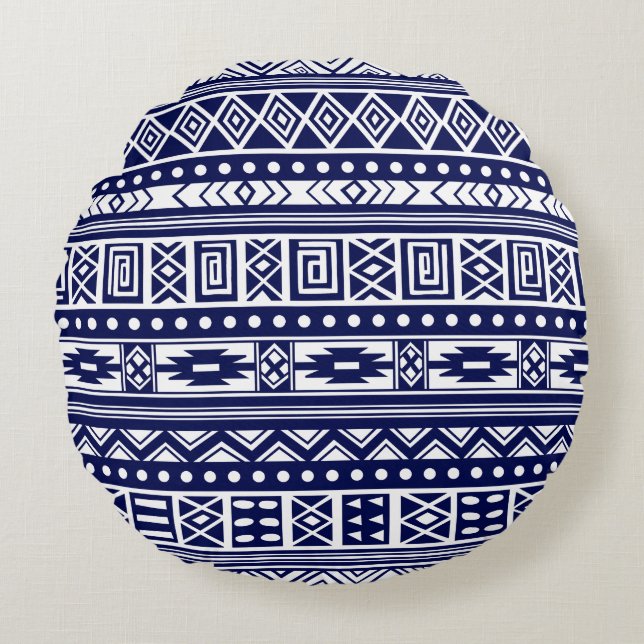 Blue Tribal Geometric Pattern Round Cushion (Front)