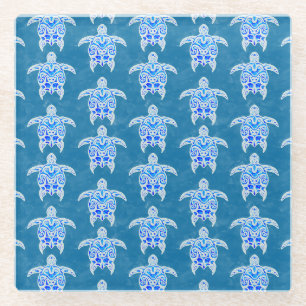 Blue Tribal Honu Sea Turtles Glass Coaster