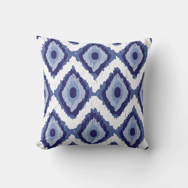 Blue Tribal Ikat Diamond White Chevron Cushion (Front)