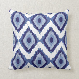 Blue Tribal Ikat Diamond White Chevron Cushion