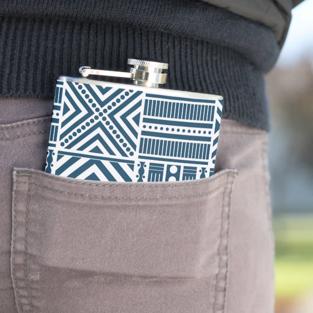 Blue Tribal Pattern Art Hip Flask (In Situ)
