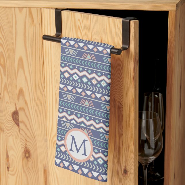 Blue Tribal Pattern Monogram Tea Towel (Thirds Fold)
