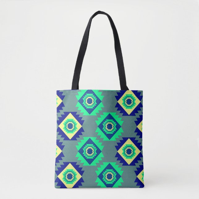 Blue tribal shapes tote bag (Front)