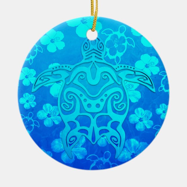 Blue Tribal Turtle Ceramic Ornament (Front)
