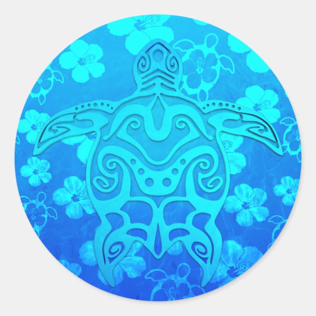 Blue Tribal Turtle Classic Round Sticker (Front)