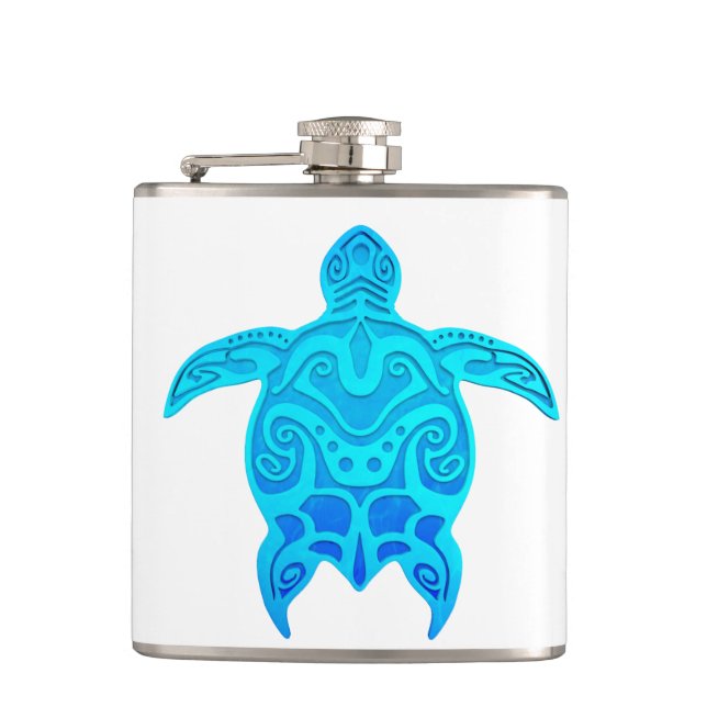 Blue Tribal Turtle Hip Flask (Front)