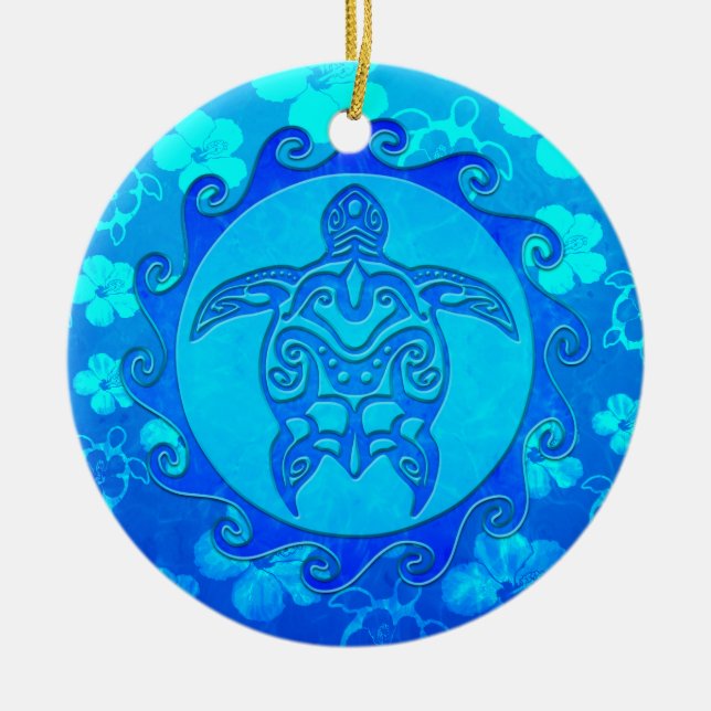 Blue Tribal Turtle Sun Ceramic Tree Decoration (Front)
