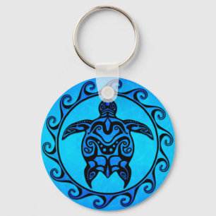 Blue Tribal Turtle Sun Key Ring
