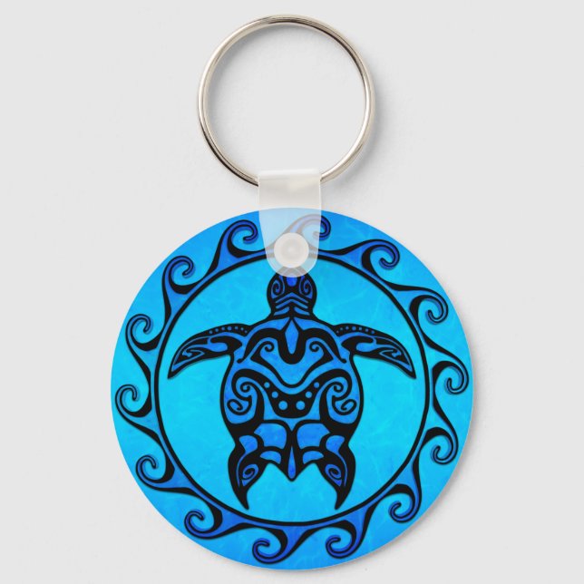 Blue Tribal Turtle Sun Key Ring (Front)