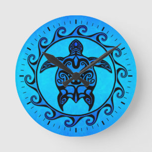 Blue Tribal Turtle Sun Round Clock