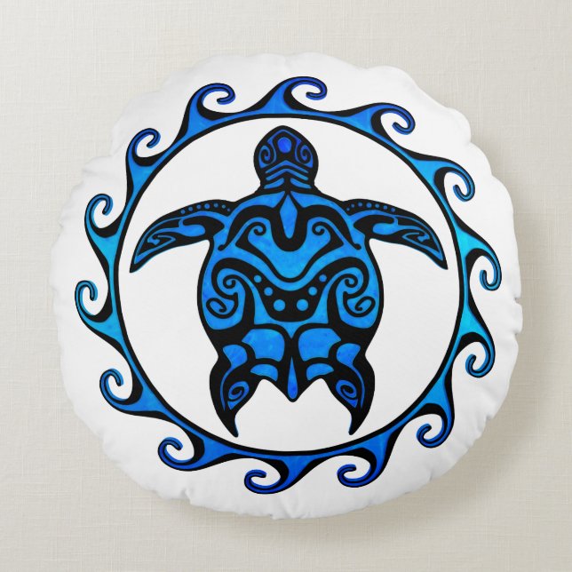 Blue Tribal Turtle Sun Round Cushion (Front)
