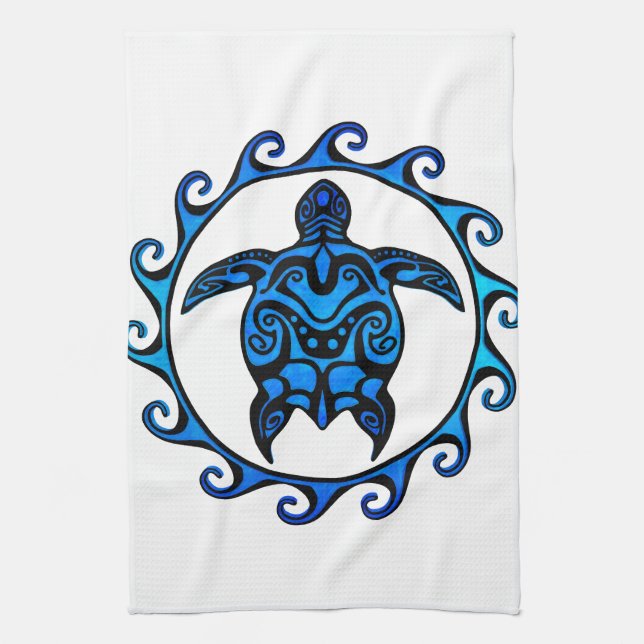 Blue Tribal Turtle Sun Tea Towel (Vertical)