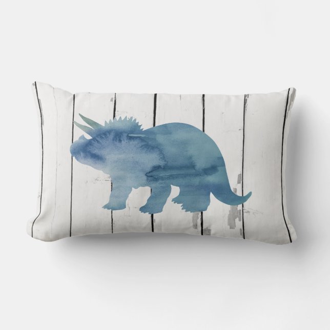 Blue Triceratops Dinosaur Shiplap Rustic Decor Lumbar Cushion (Front)