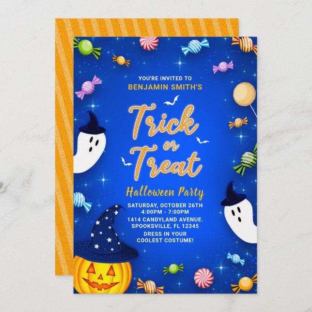 Blue Trick or Treat Kids Halloween Party Invitation (Front/Back)