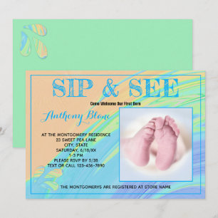 Blue Trim Pastel Abstract Sip and See Custom Photo Invitation