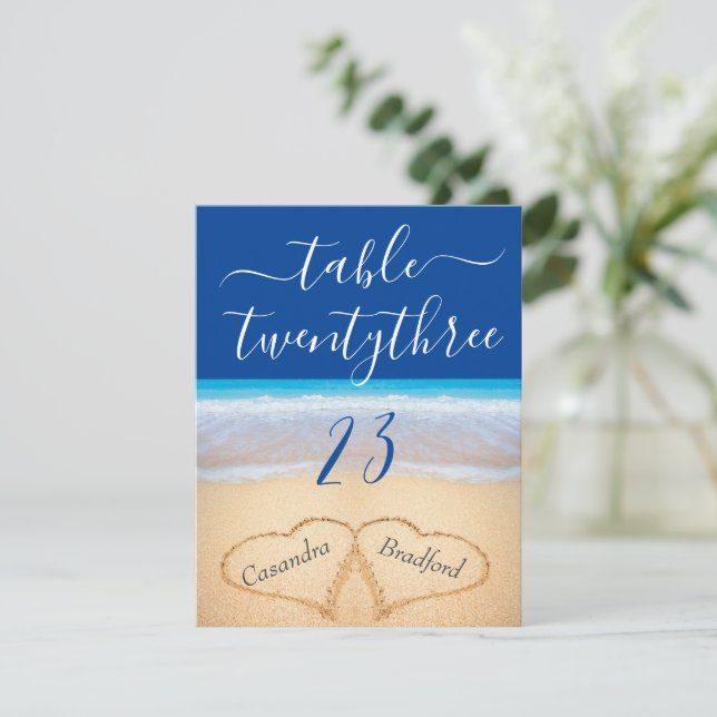 Blue Tropical Beach Hearts Wedding Table number (Standing Front)