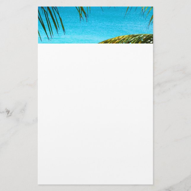 Blue Tropical Beach with Palm Fronds Photo Stationery (Front)