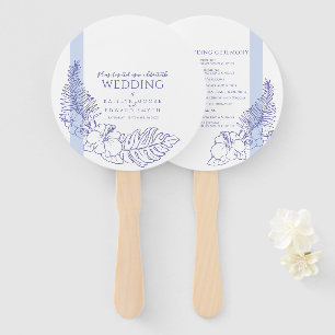 blue tropical botanica line art wedding hand fan