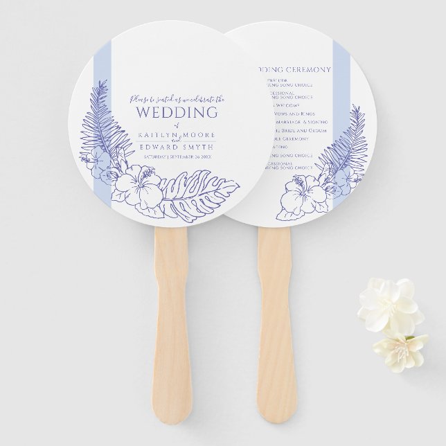 blue tropical botanica line art wedding hand fan (Front and Back)