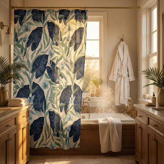 Blue Tropical Botanical Leaf Pattern – Elegant  Shower Curtain