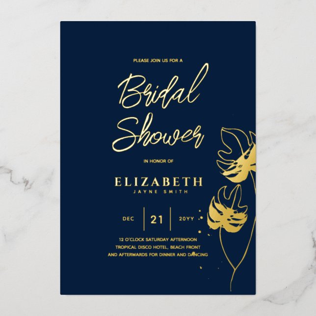 Blue Tropical Disco BRIDAL SHOWER Gold Leaves (Front)