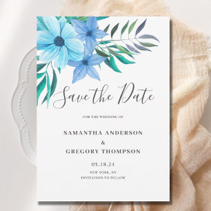 Blue Tropical Floral Wedding Save The Date