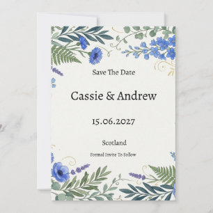 Blue Tropical Floral Wedding Save The Date