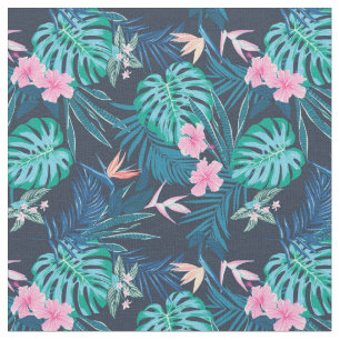 Blue Tropical Flower Garden Pattern Fabric