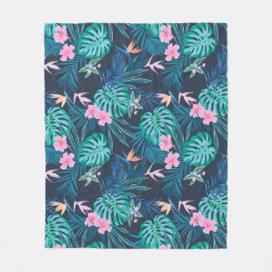 Blue Tropical Flower Garden Pattern Fleece Blanket