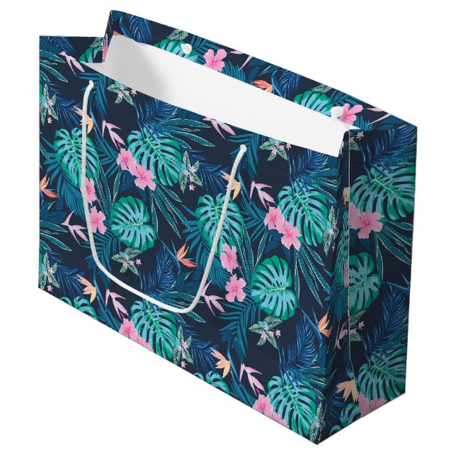 Blue Tropical Flower Garden Pattern Large Gift Bag (Front Angled)