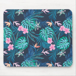 Blue Tropical Flower Garden Pattern Mouse Pad