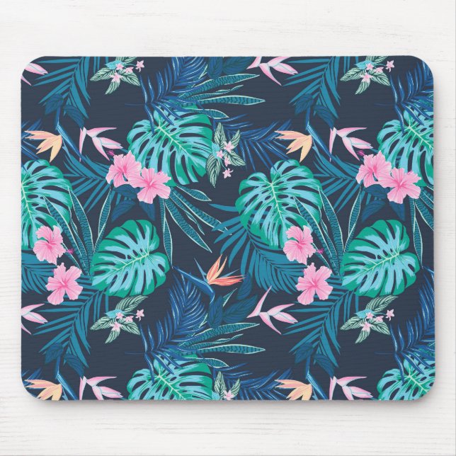 Blue Tropical Flower Garden Pattern Mouse Pad (Front)
