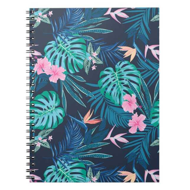 Blue Tropical Flower Garden Pattern Notebook (Front)