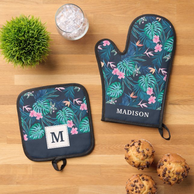Blue Tropical Flower Garden Pattern Oven Mitt & Pot Holder Set (Top Down)