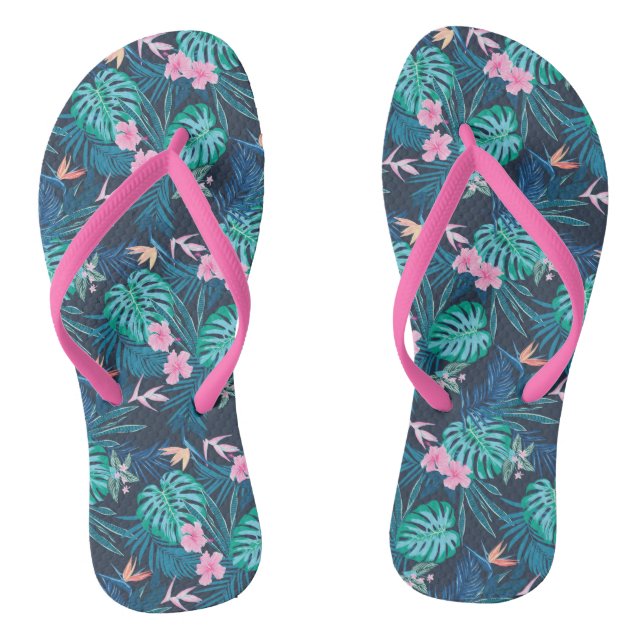 Blue Tropical Flower Garden Pattern Thongs (Footbed)