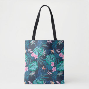 Blue Tropical Flower Garden Pattern Tote Bag